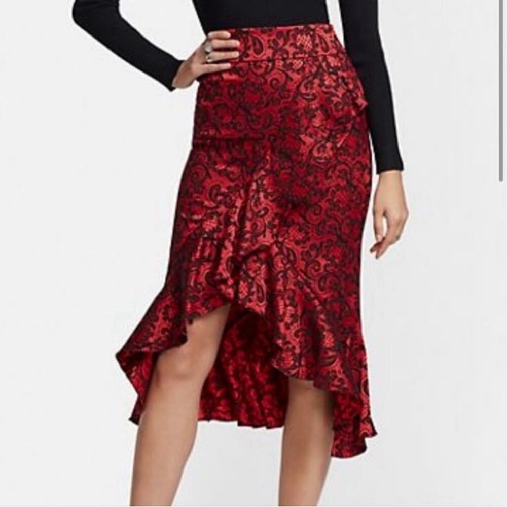 7th Avenue Red Black Jacquard Lace Design With Ruffles Skirt Size 4